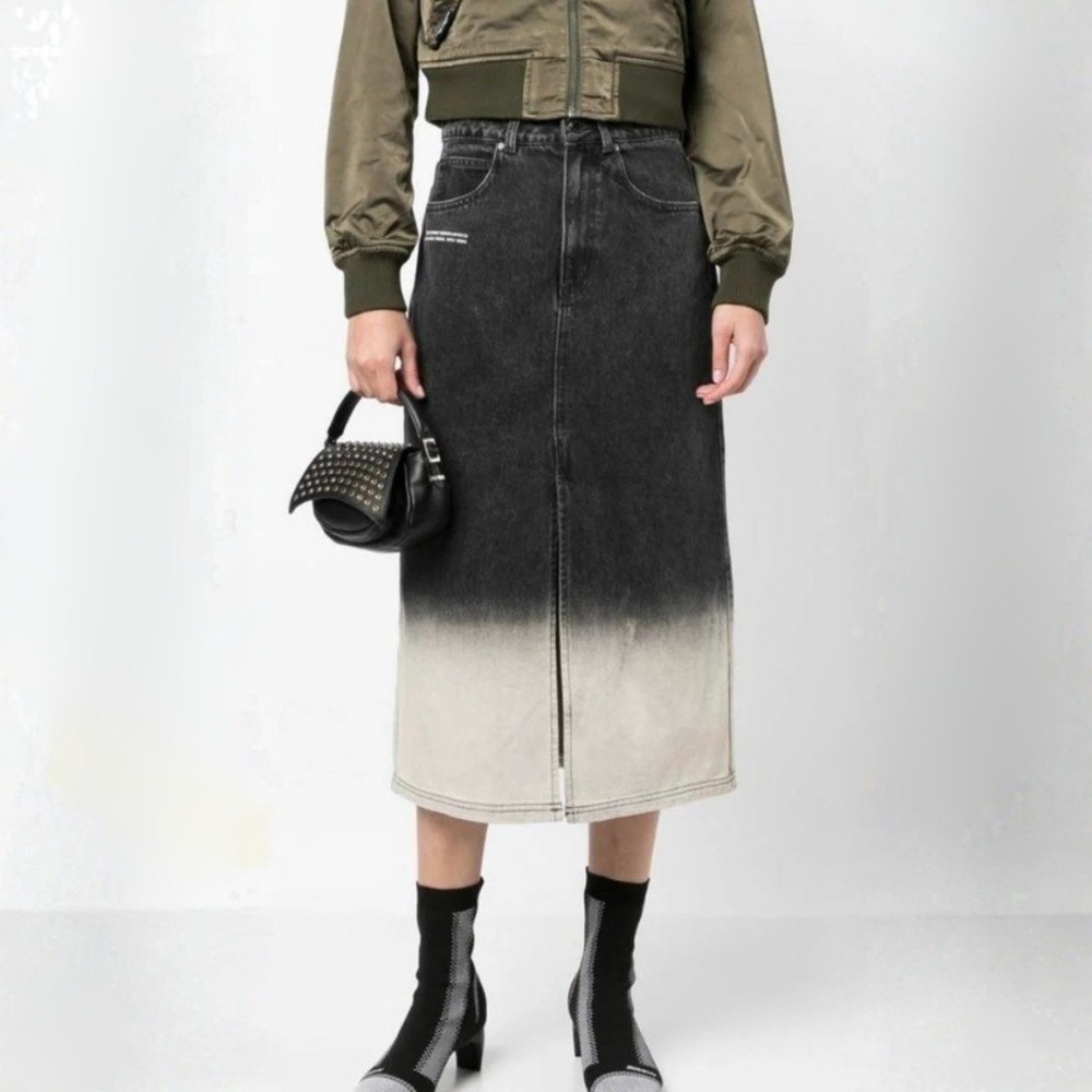 Izzue Ombre Denim Midi Skirt Grey Black High Waist Front Slit IZXSKJ9500A3K‎ 27